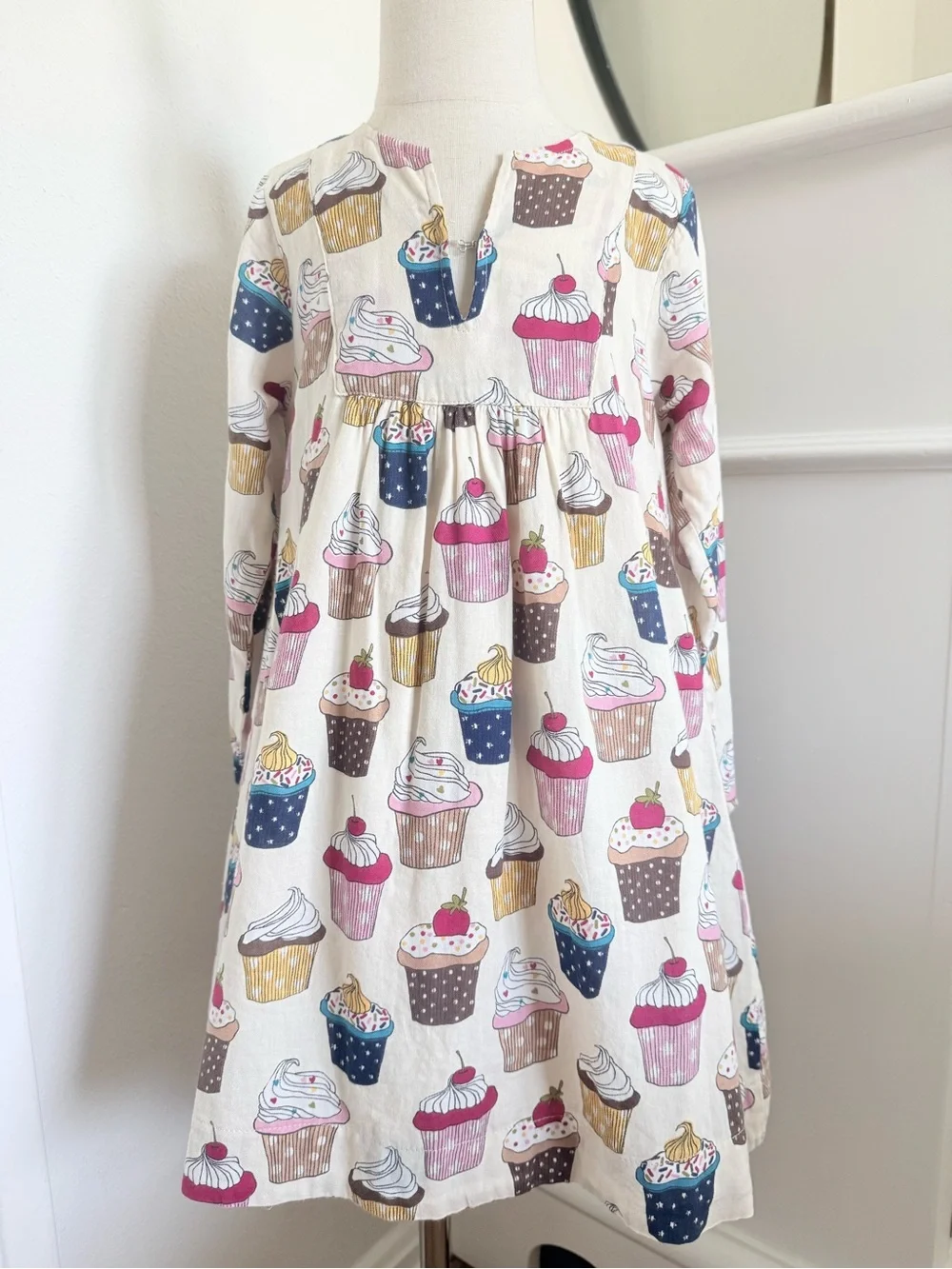 Pink Chicken Girls 5Y Cupcake Dessert Print Long Sleeve Dress Cream Pink